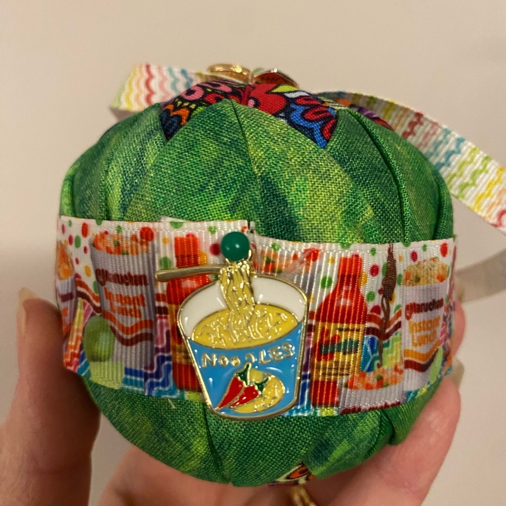 Ramen Instant Noodles Handmade Quilted Ornament with detailed ribbon and charm